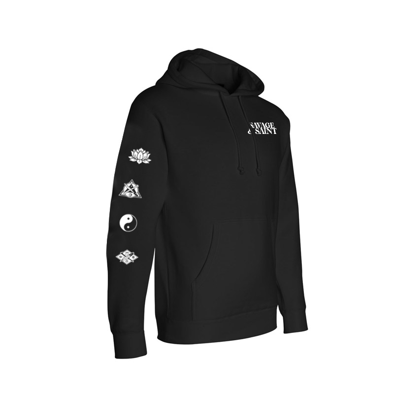 hoodie side view with left chest logo - SAVAGE AND SAINT - sleeve print included