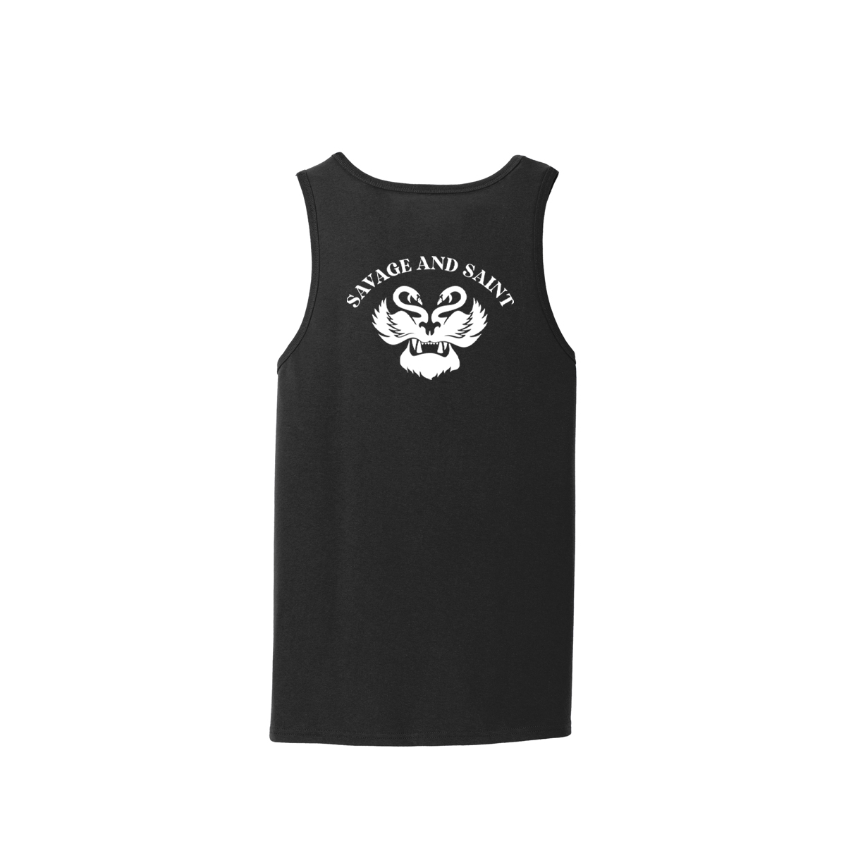 tanktop back view with left chest logo - SAVAGE AND SAINT- sleeve print included